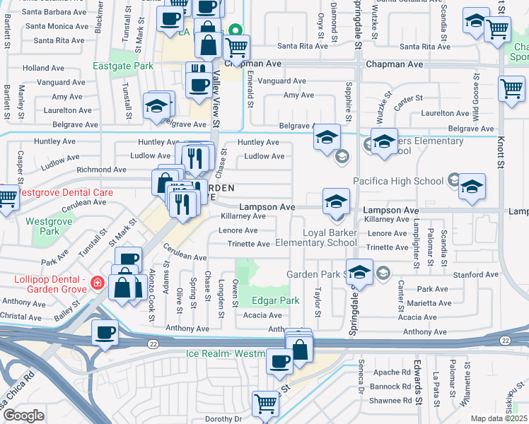 map of restaurants, bars, coffee shops, grocery stores, and more near 6151 Killarney Avenue in Garden Grove