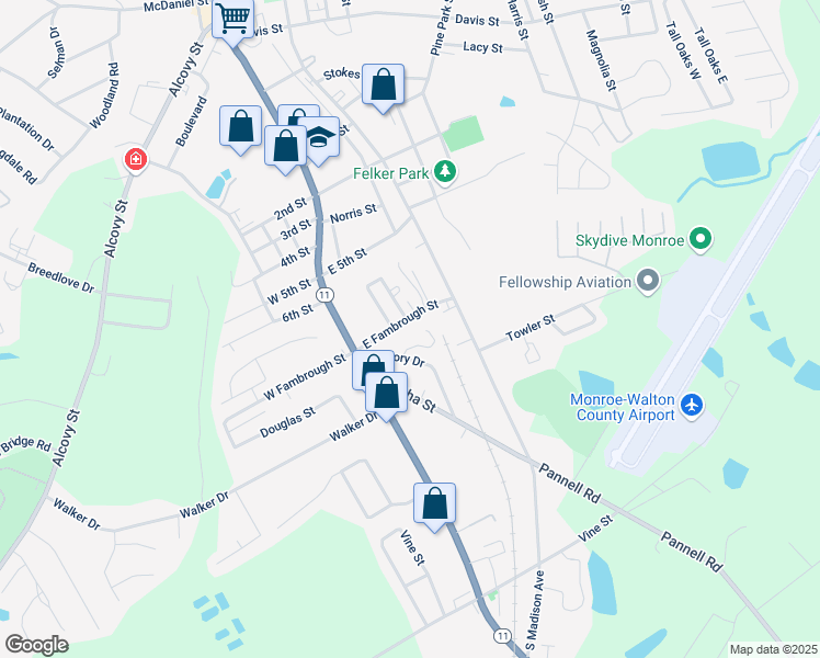 map of restaurants, bars, coffee shops, grocery stores, and more near 137 East Fambrough Street in Monroe