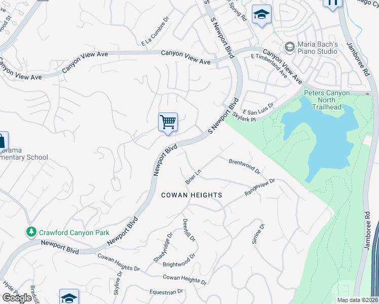 map of restaurants, bars, coffee shops, grocery stores, and more near 10081 Highcliff in North Tustin