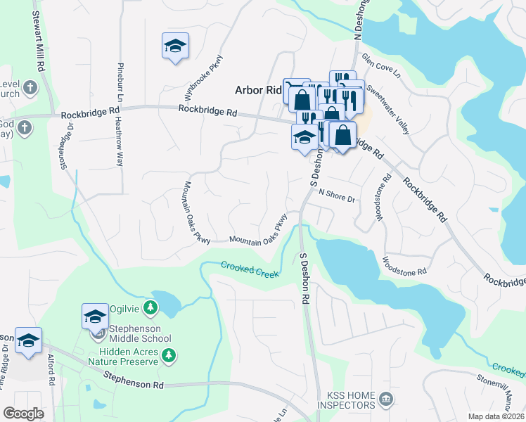 map of restaurants, bars, coffee shops, grocery stores, and more near 533 Riverbirch Trce in Stone Mountain