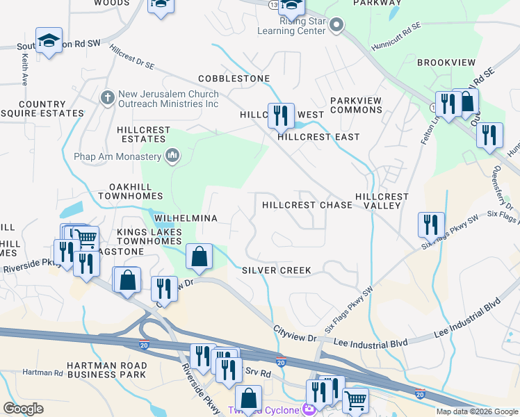 map of restaurants, bars, coffee shops, grocery stores, and more near 312 Alderman Trace Southwest in Austell