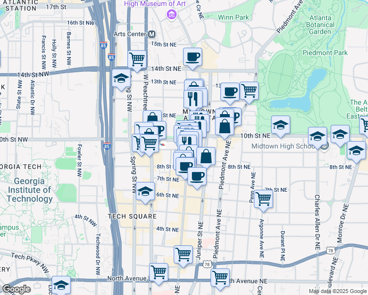 map of restaurants, bars, coffee shops, grocery stores, and more near 90 Peachtree Place Northeast in Atlanta