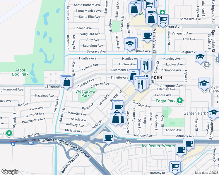 map of restaurants, bars, coffee shops, grocery stores, and more near 5621 Cerulean Avenue in Garden Grove