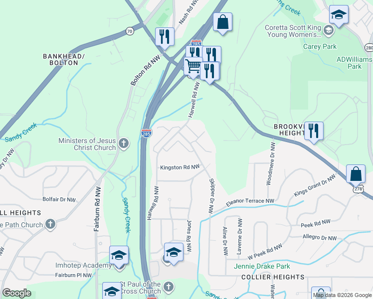 map of restaurants, bars, coffee shops, grocery stores, and more near 62 Harwell Pl NW in Atlanta