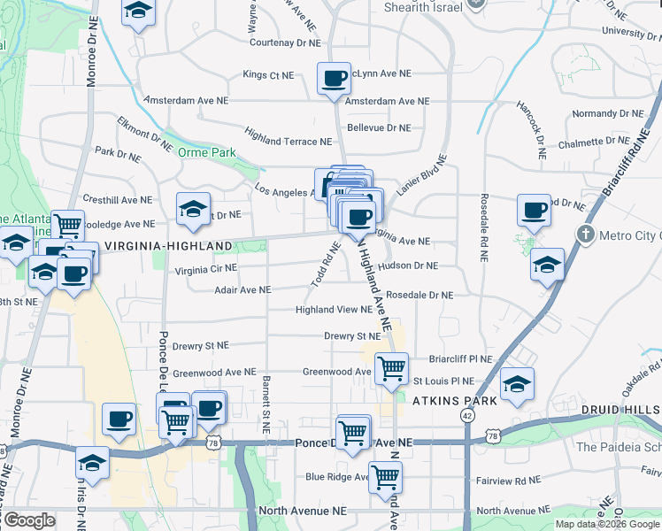 map of restaurants, bars, coffee shops, grocery stores, and more near 965 Todd Road Northeast in Atlanta