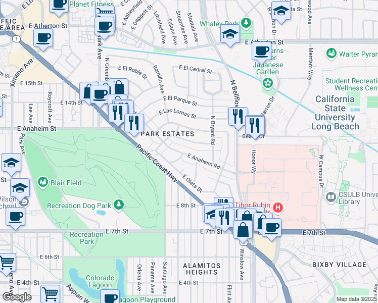 map of restaurants, bars, coffee shops, grocery stores, and more near 5463 East Anaheim Road in Long Beach