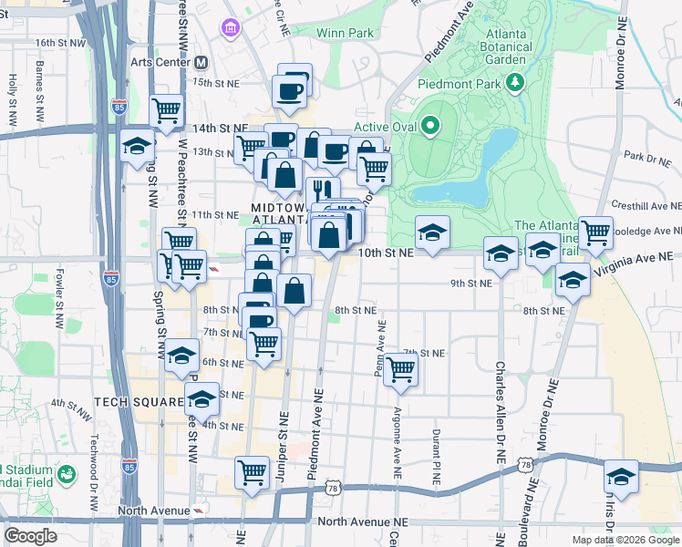 map of restaurants, bars, coffee shops, grocery stores, and more near 961 Piedmont Avenue Northeast in Atlanta