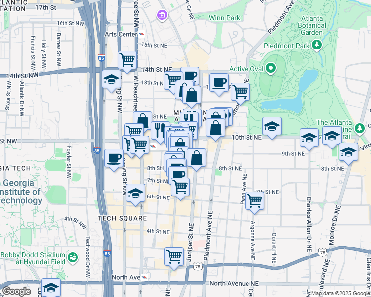 map of restaurants, bars, coffee shops, grocery stores, and more near 999 Peachtree Street Northeast in Atlanta