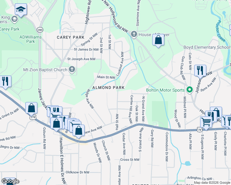 map of restaurants, bars, coffee shops, grocery stores, and more near 942 Hall Street Northwest in Atlanta