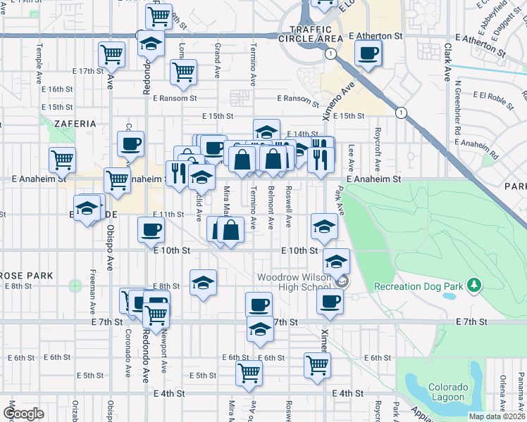 map of restaurants, bars, coffee shops, grocery stores, and more near 4027 East 11th Street in Long Beach