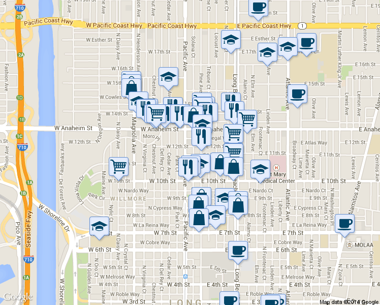 map of restaurants, bars, coffee shops, grocery stores, and more near 1203 Pacific Avenue in Long Beach