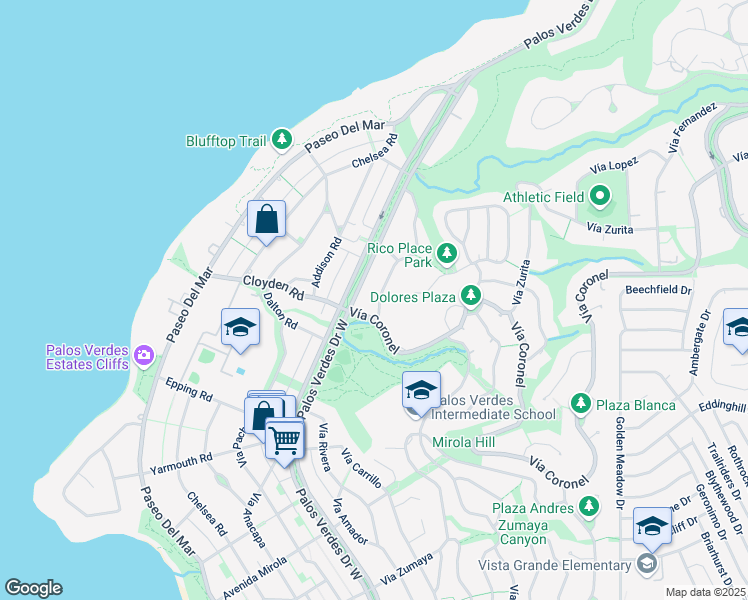 map of restaurants, bars, coffee shops, grocery stores, and more near 1737 Vía Boronada in Palos Verdes Estates