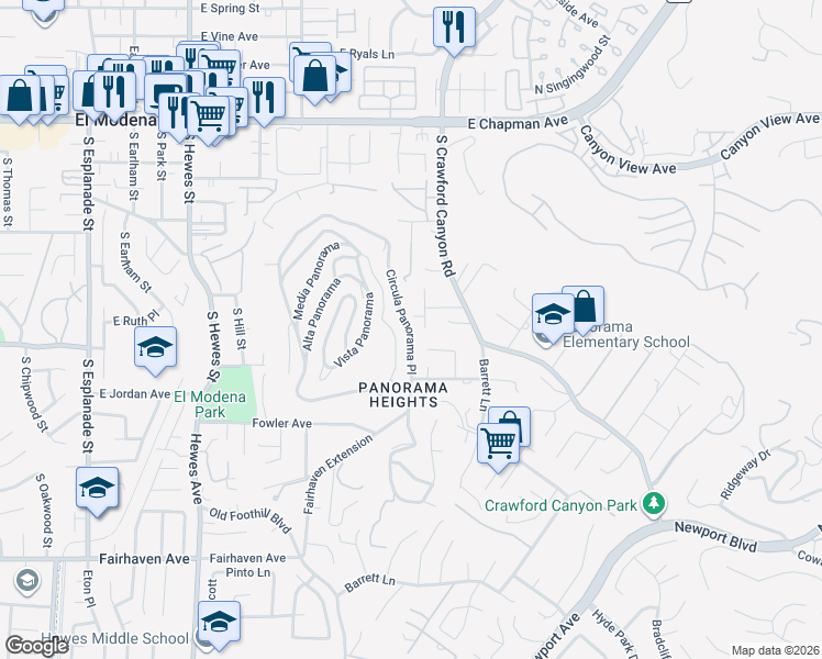 map of restaurants, bars, coffee shops, grocery stores, and more near 10389 Cresthaven Lane in Santa Ana