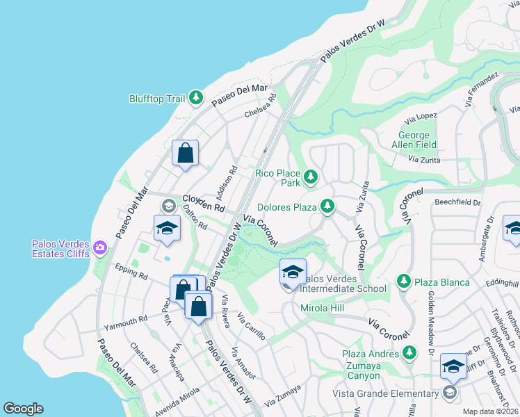 map of restaurants, bars, coffee shops, grocery stores, and more near 1737 Vía Boronada in Palos Verdes Estates