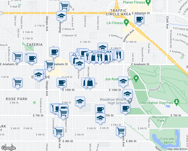 map of restaurants, bars, coffee shops, grocery stores, and more near 3915 East 11th Street in Long Beach