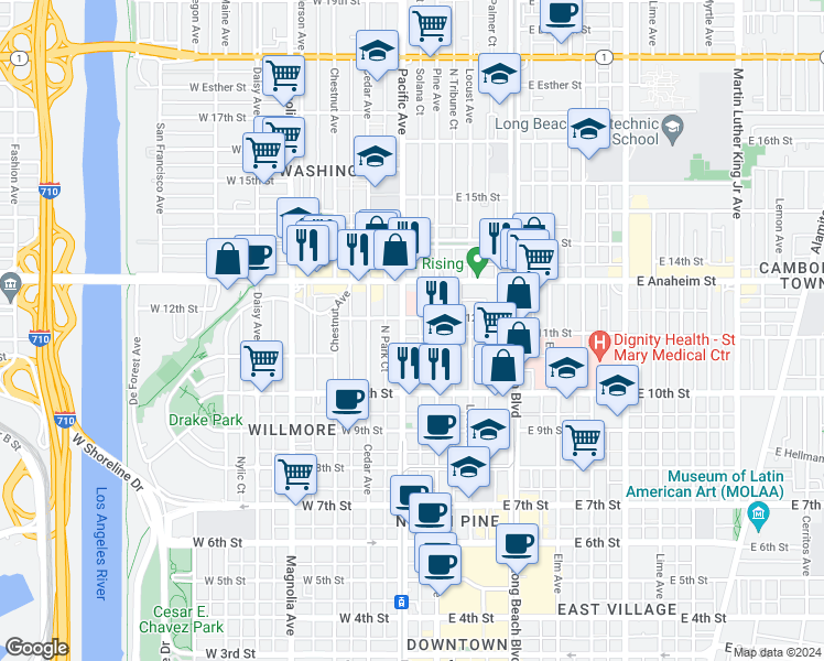 map of restaurants, bars, coffee shops, grocery stores, and more near 1140 Pacific Avenue in Long Beach