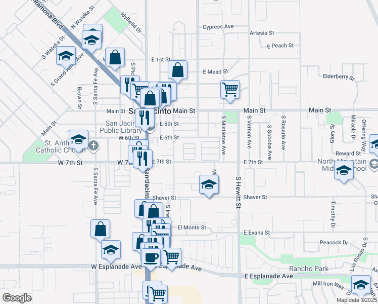map of restaurants, bars, coffee shops, grocery stores, and more near 350 East 6th Street in San Jacinto