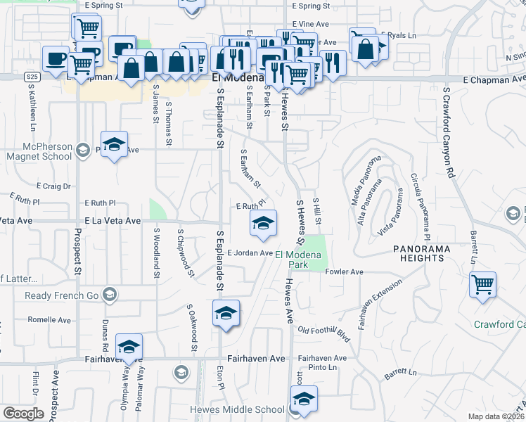 map of restaurants, bars, coffee shops, grocery stores, and more near 428 South Earlham Street in Orange