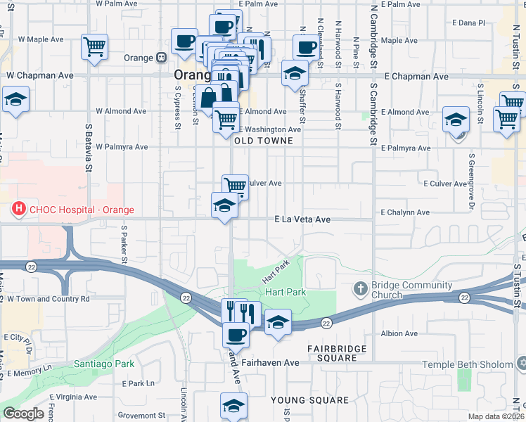 map of restaurants, bars, coffee shops, grocery stores, and more near 453 South Grand Street in Orange