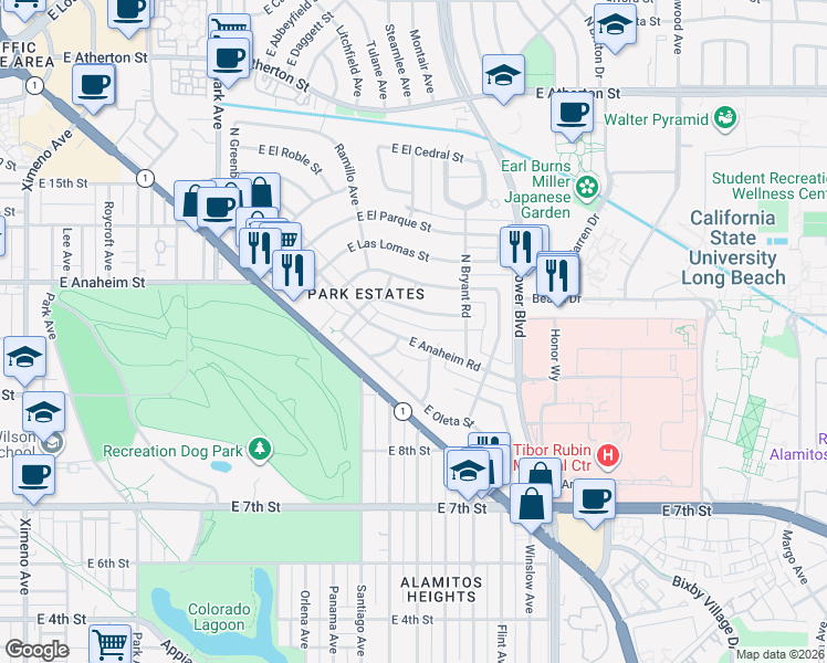 map of restaurants, bars, coffee shops, grocery stores, and more near 5500 East La Pasada Street in Long Beach
