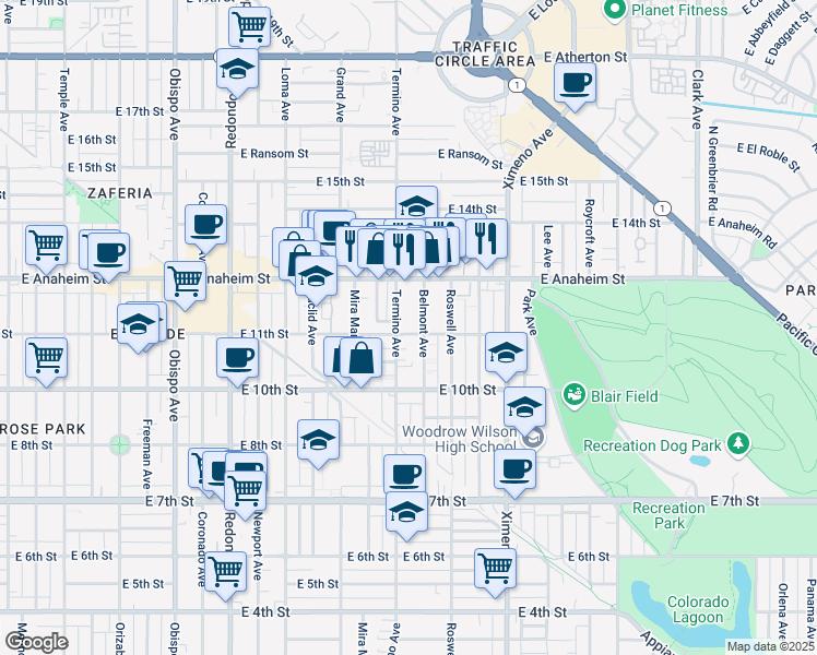 map of restaurants, bars, coffee shops, grocery stores, and more near 1141 Termino Avenue in Long Beach