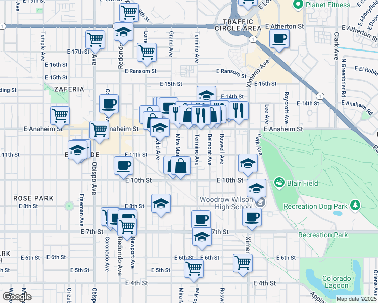 map of restaurants, bars, coffee shops, grocery stores, and more near 1141 Termino Avenue in Long Beach