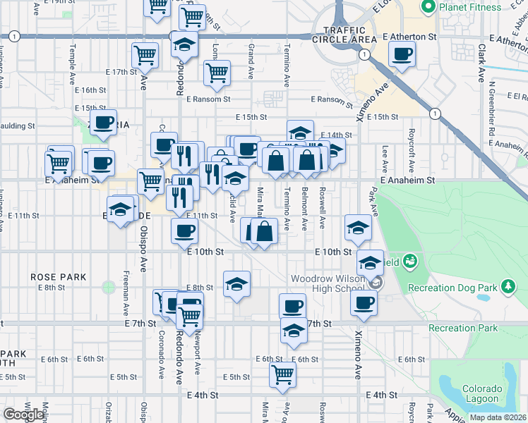 map of restaurants, bars, coffee shops, grocery stores, and more near 1146 Mira Mar Avenue in Long Beach