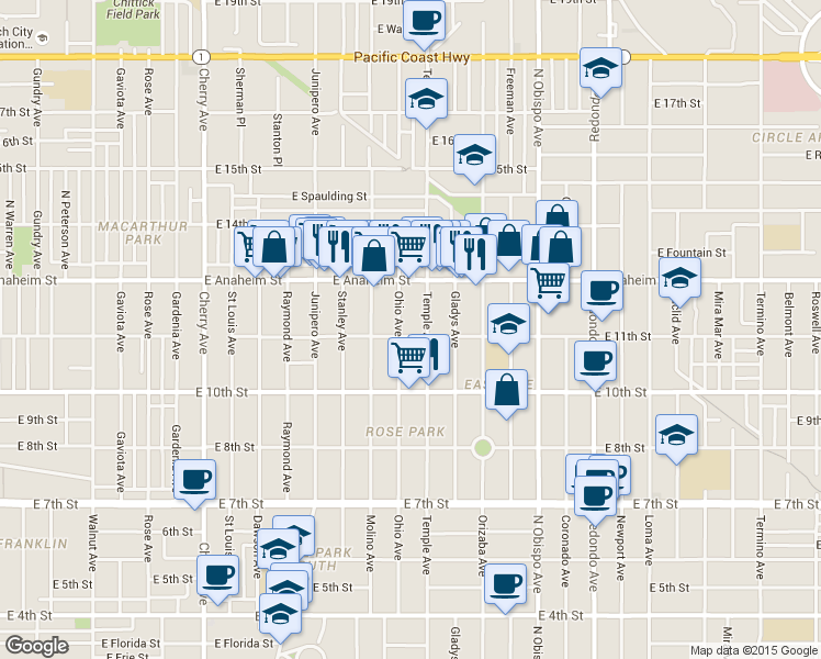 map of restaurants, bars, coffee shops, grocery stores, and more near 1150 Ohio Avenue in Long Beach