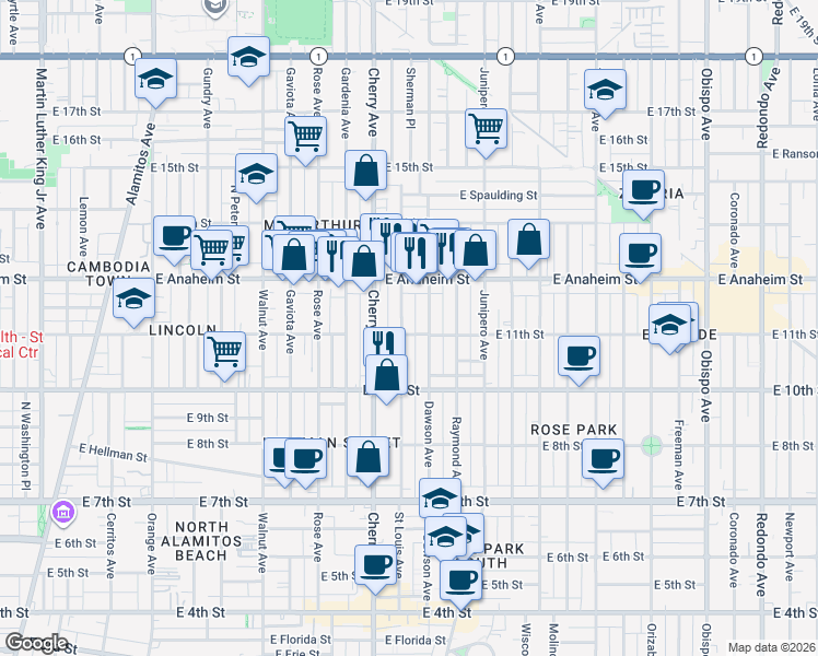 map of restaurants, bars, coffee shops, grocery stores, and more near 1131 Saint Louis Avenue in Long Beach