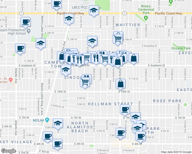 map of restaurants, bars, coffee shops, grocery stores, and more near 1184 Walnut Avenue in Long Beach