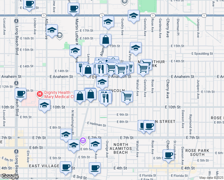 map of restaurants, bars, coffee shops, grocery stores, and more near 1148 Orange Avenue in Long Beach