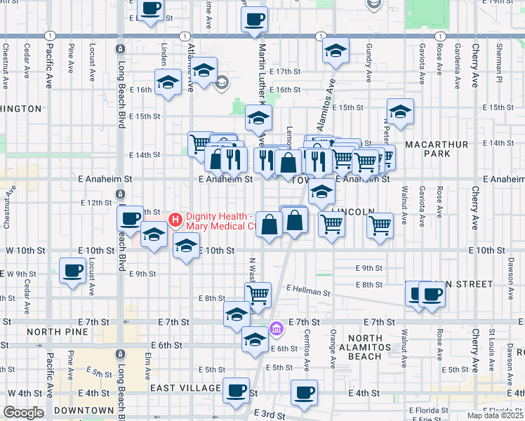 map of restaurants, bars, coffee shops, grocery stores, and more near 1140 Martin Luther King Junior Avenue in Long Beach
