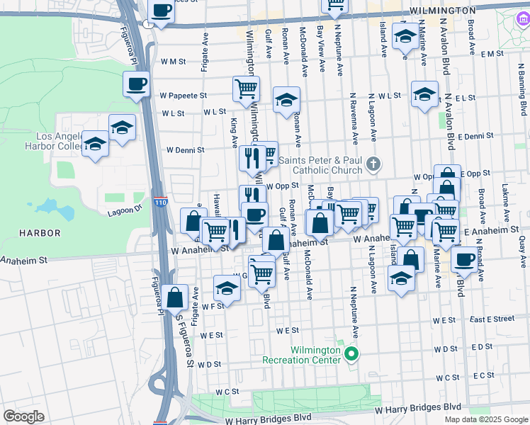 map of restaurants, bars, coffee shops, grocery stores, and more near 919 Gulf Avenue in Los Angeles