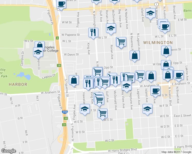 map of restaurants, bars, coffee shops, grocery stores, and more near 919 Wilmington Boulevard in Los Angeles