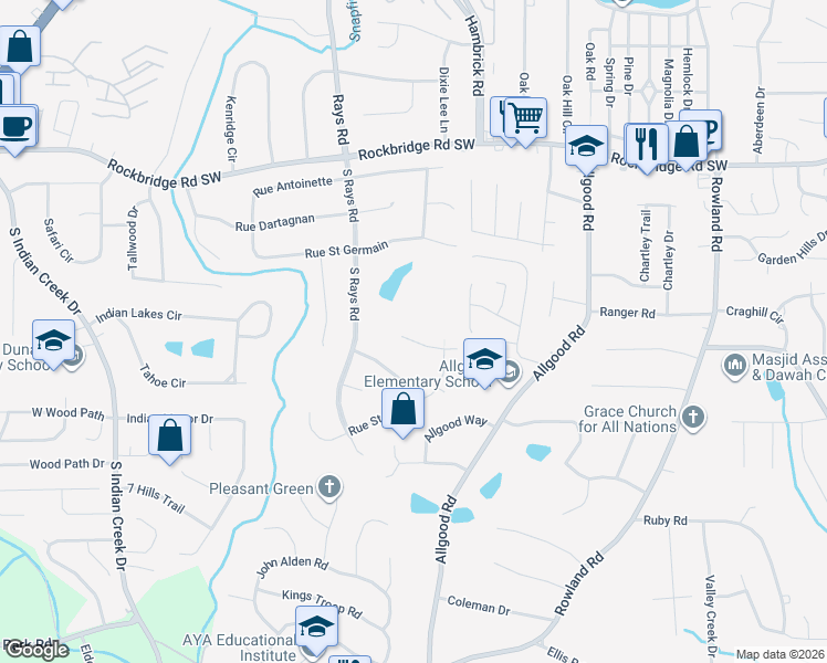map of restaurants, bars, coffee shops, grocery stores, and more near 4262 Babette Court in Stone Mountain