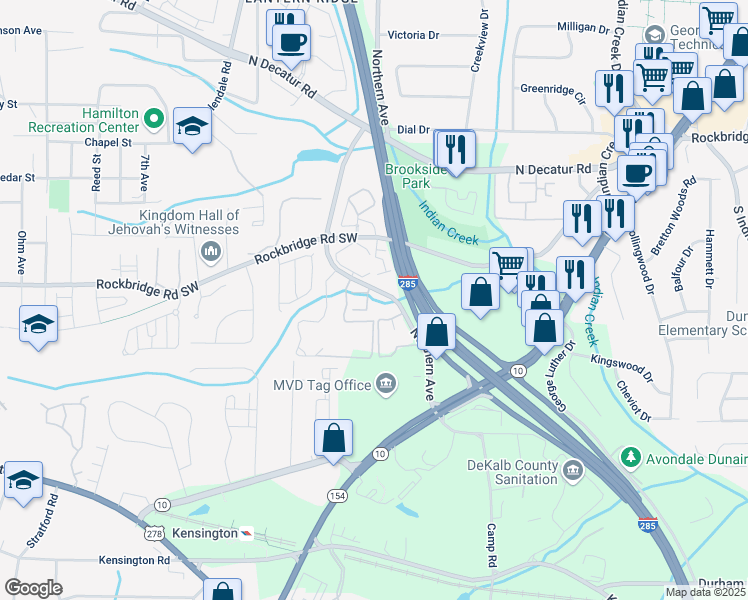 map of restaurants, bars, coffee shops, grocery stores, and more near 788 Brookside Parc Lane in Avondale Estates