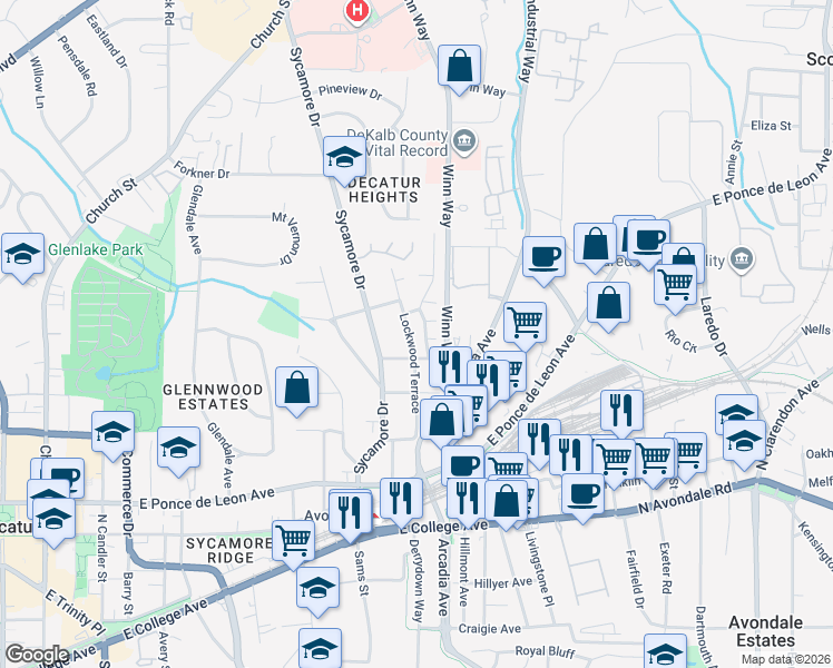 map of restaurants, bars, coffee shops, grocery stores, and more near 321 Lockwood Terrace in Decatur