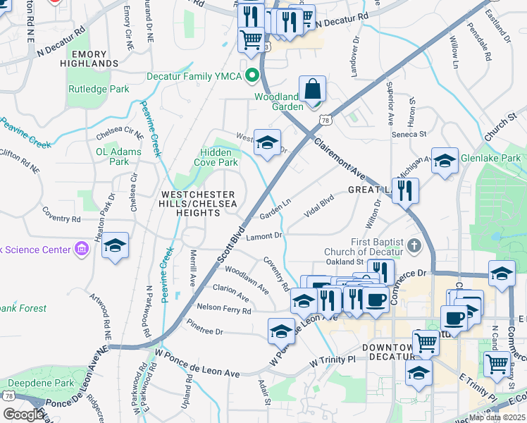 map of restaurants, bars, coffee shops, grocery stores, and more near 116 Mockingbird Lane in Decatur