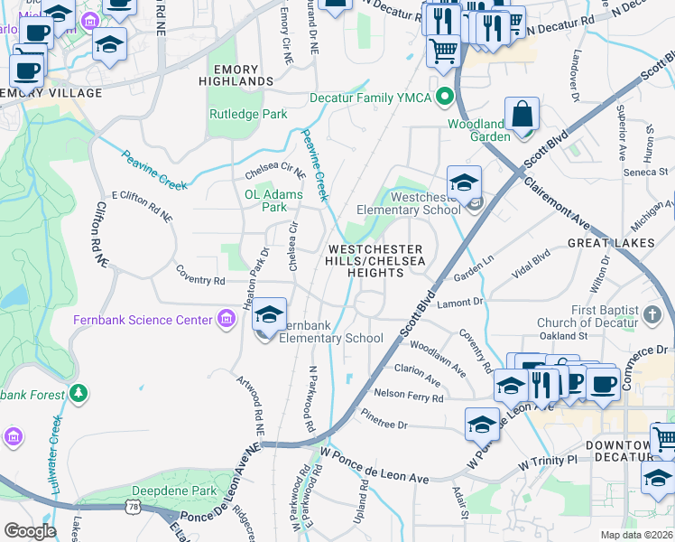 map of restaurants, bars, coffee shops, grocery stores, and more near 905 North Parkwood Road in Decatur