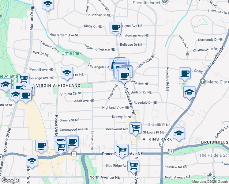map of restaurants, bars, coffee shops, grocery stores, and more near 965 Todd Road Northeast in Atlanta