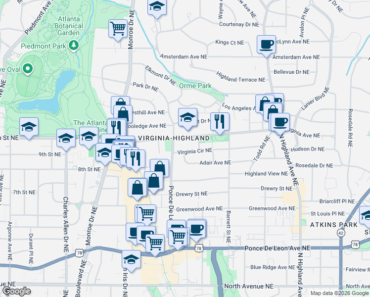 map of restaurants, bars, coffee shops, grocery stores, and more near in Atlanta