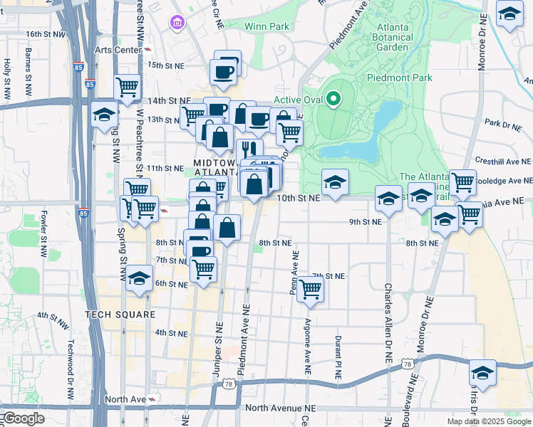 map of restaurants, bars, coffee shops, grocery stores, and more near 986 Myrtle Street Northeast in Atlanta