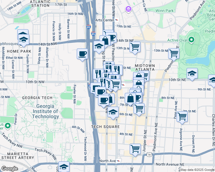 map of restaurants, bars, coffee shops, grocery stores, and more near 26 10th Street Northwest in Atlanta