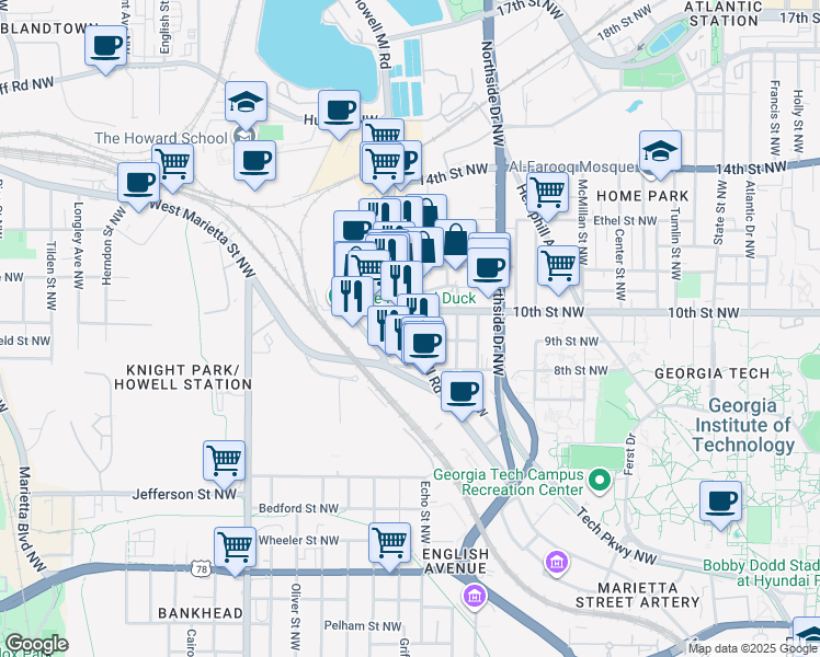 map of restaurants, bars, coffee shops, grocery stores, and more near 980 Howell Mill Road Northwest in Atlanta