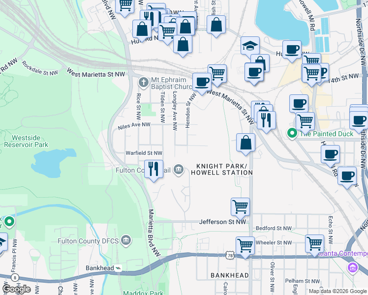 map of restaurants, bars, coffee shops, grocery stores, and more near 973 Herndon Street Northwest in Atlanta