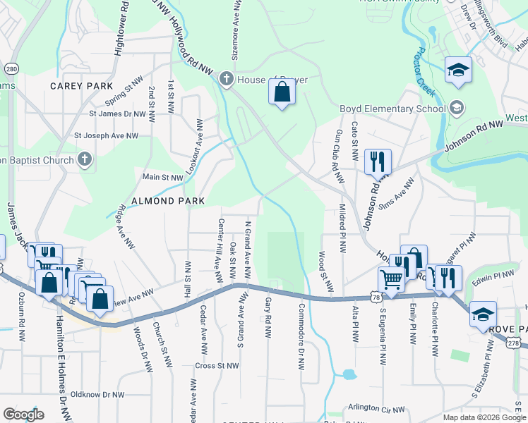 map of restaurants, bars, coffee shops, grocery stores, and more near 968 North Grand Avenue Northwest in Atlanta