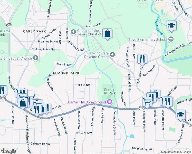 map of restaurants, bars, coffee shops, grocery stores, and more near 2259 Sisk Street Northwest in Atlanta