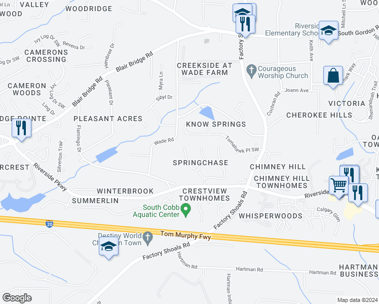 map of restaurants, bars, coffee shops, grocery stores, and more near 7049 Springgrove Court in Austell