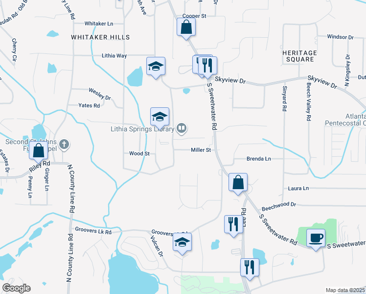 map of restaurants, bars, coffee shops, grocery stores, and more near 2563 Sweetridge Court in Lithia Springs