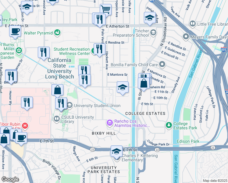 map of restaurants, bars, coffee shops, grocery stores, and more near 1046 Palo Verde Avenue in Long Beach